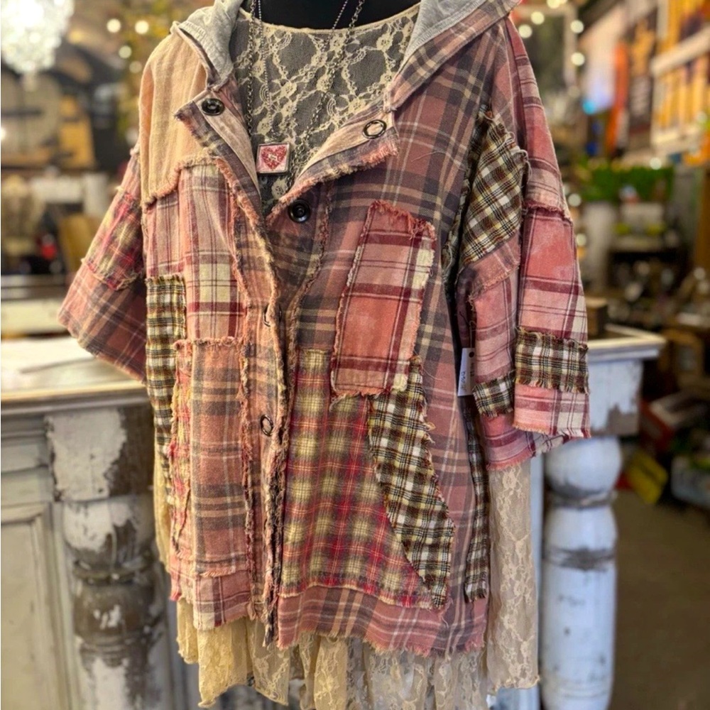 Oli & Hali Pink Plaid Hoodie Distressed Boho NWT